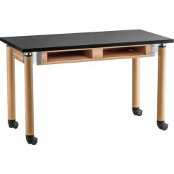 National Public Seating NPS Science Table w/Compartment & Casters - Phenolic Top - Adjustable Height - 30" x 60" - Black/Oak